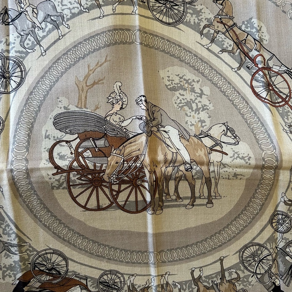NWT Equestrian Horse Carriage Silk Wool Scarf 100x100cm Hermes Style - Picture 2 of 10